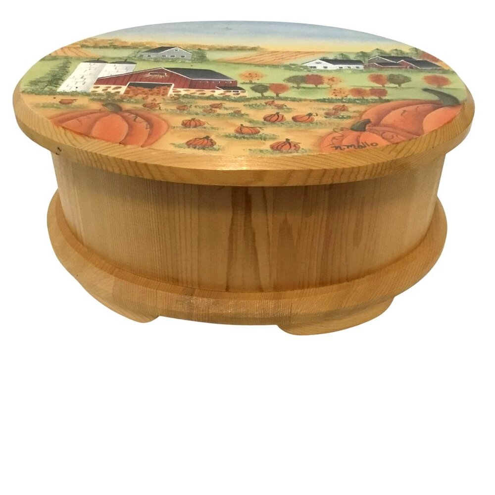 Hand Painted Pumpkin Farmhouse Wood Box Signed Fall Harvest Country Rustic Decor